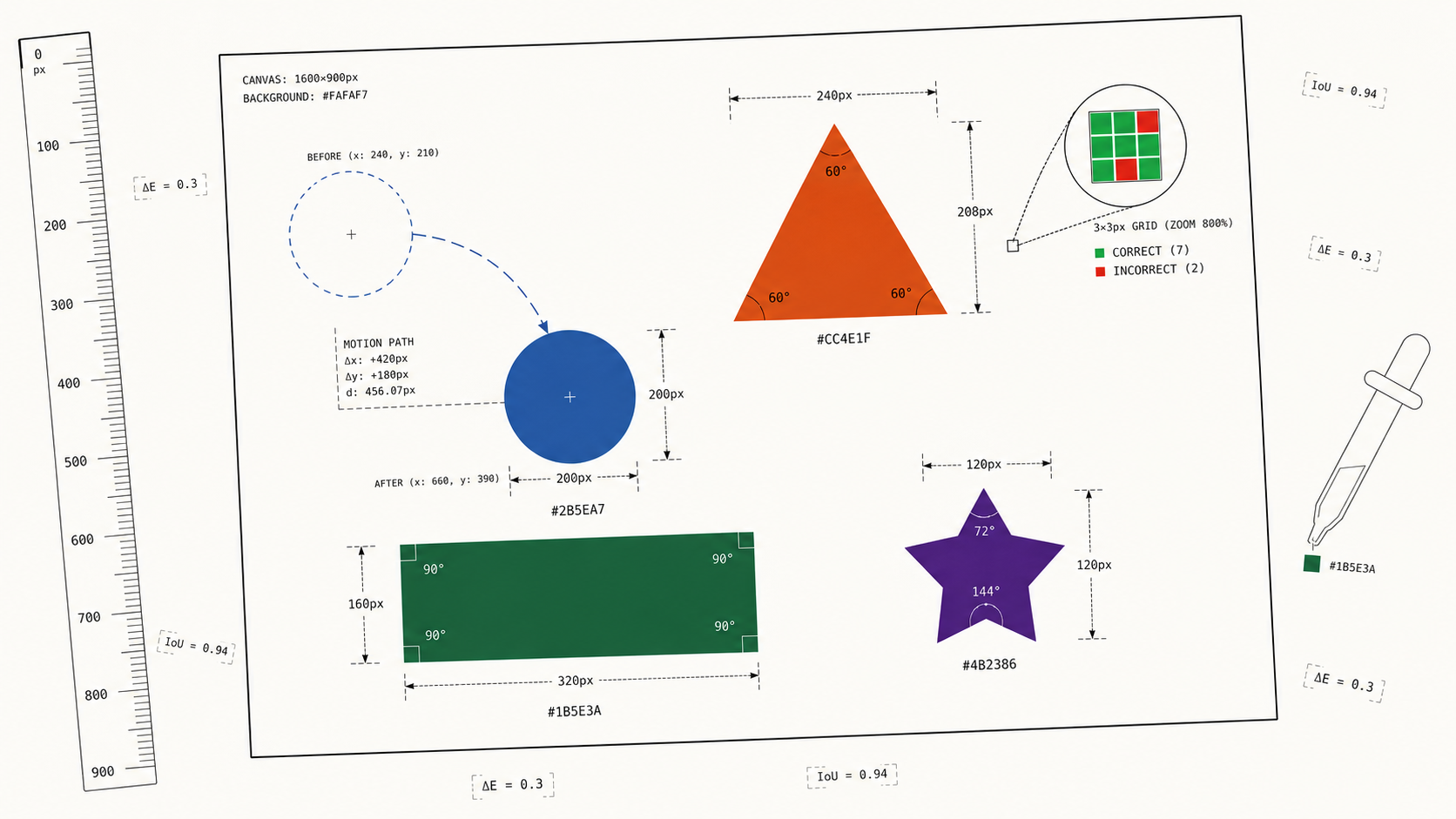 PaintBench benchmark illustration: geometric shapes with measurement annotations and pixel-level evaluation grid